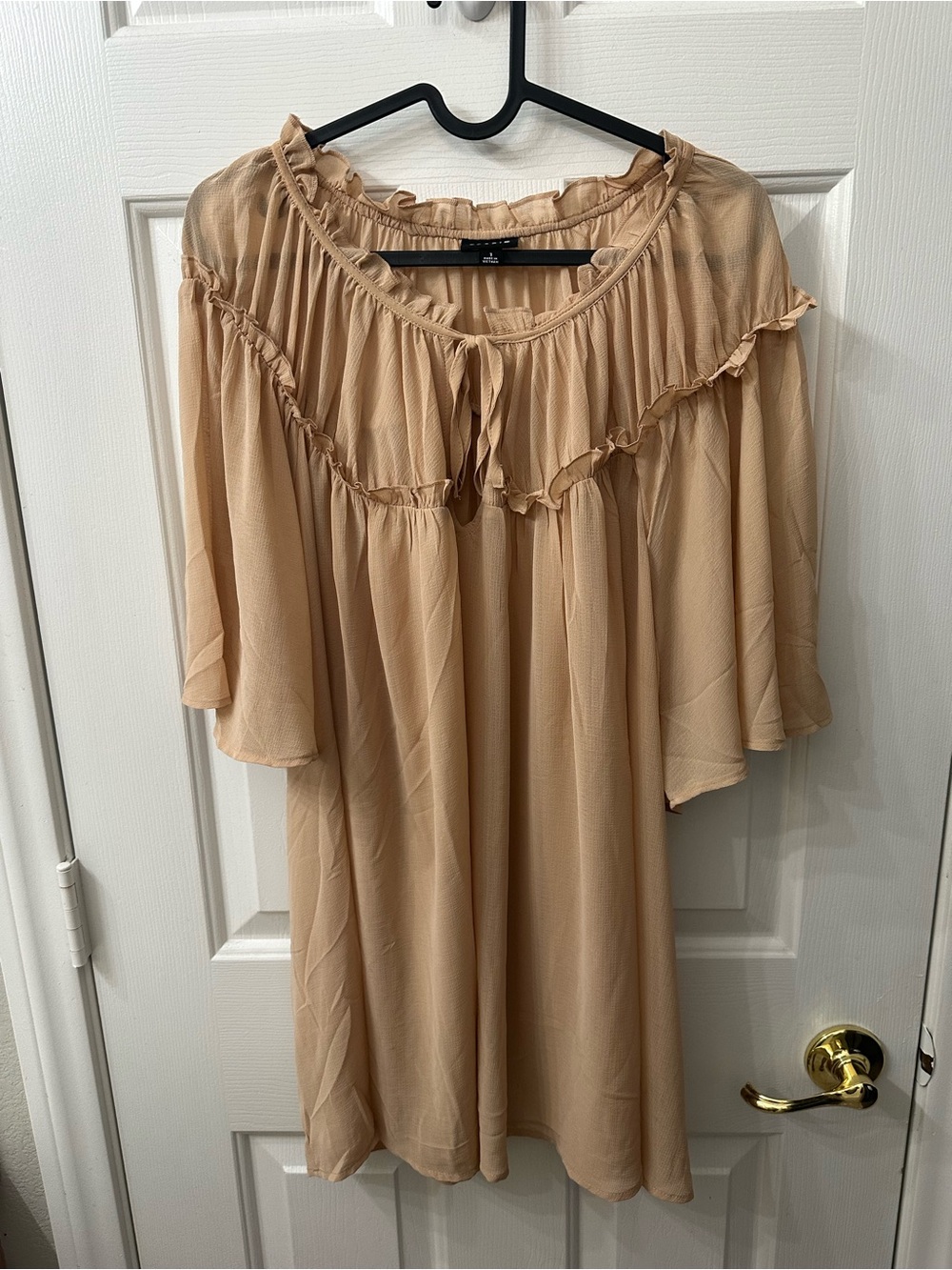 Torrid Top Tan Ruffle-Trim Blouse Tie-Front Sheer 1X